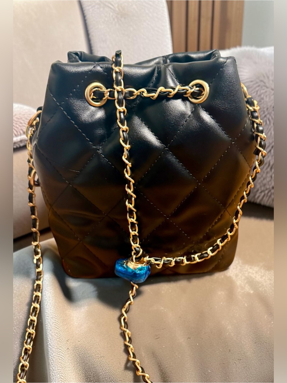 Adornia Black Quilted Bucket Bag | Gold Chain Crossbody Shoulder Purse